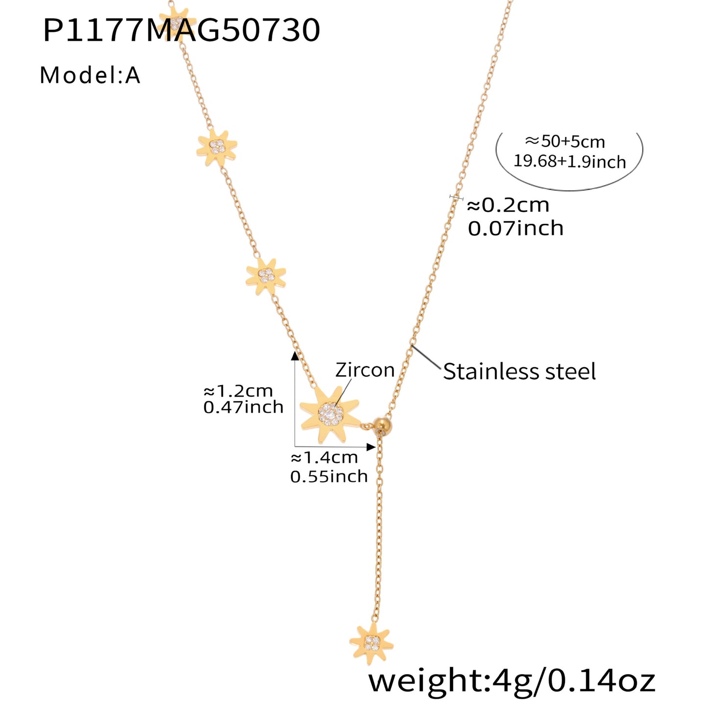 316L stainless steel celestial star tassel necklace in gold with zircon, adjustable tassel design and measurements