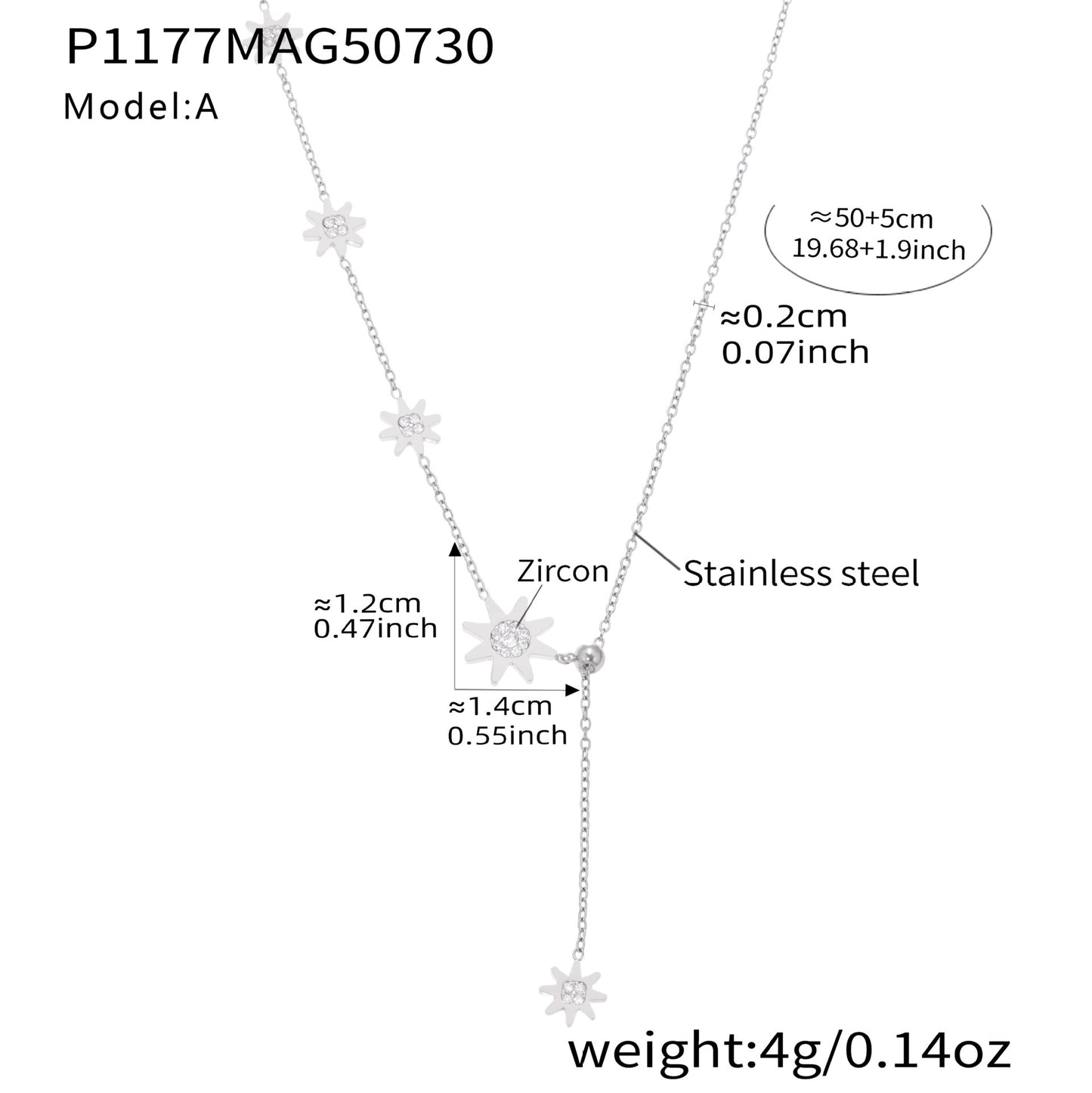 316L stainless steel celestial star tassel necklace in silver with zircon, size and chain length details