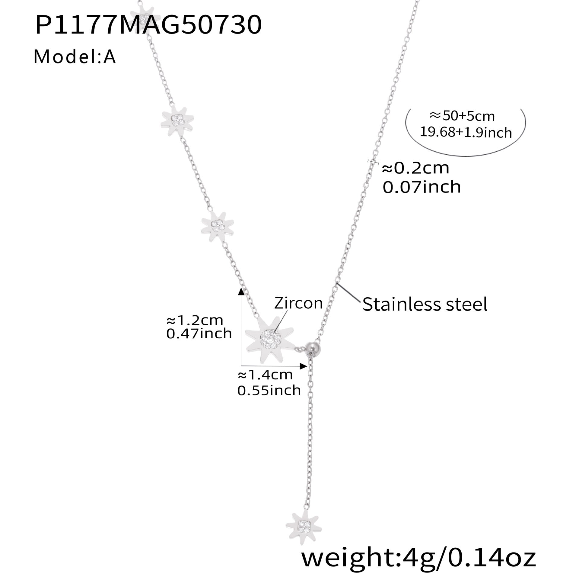 316L stainless steel celestial star tassel necklace in silver with zircon, size and chain length details