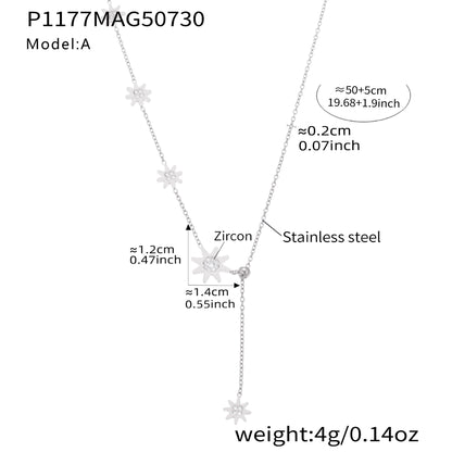 316L stainless steel celestial star tassel necklace in silver with zircon, size and chain length details