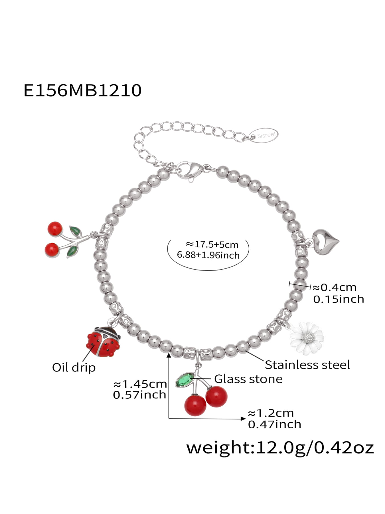 316L stainless steel cherry daisy charm bracelet size details 17.5cm plus extender