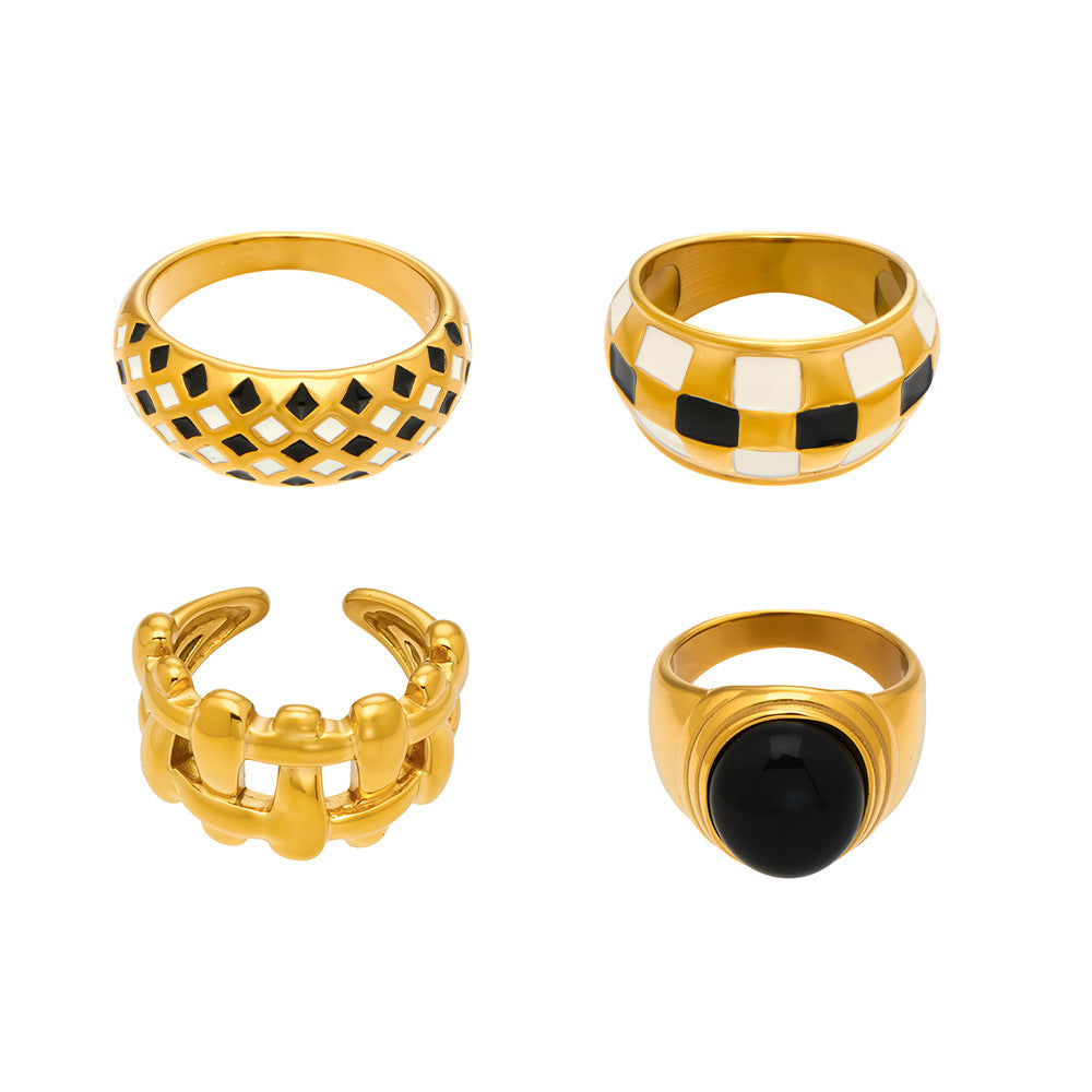316L stainless steel vintage checkerboard enamel open ring set in gold, adjustable statement fashion rings for women
