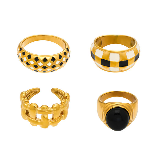 316L stainless steel vintage checkerboard enamel open ring set in gold, adjustable statement fashion rings for women
