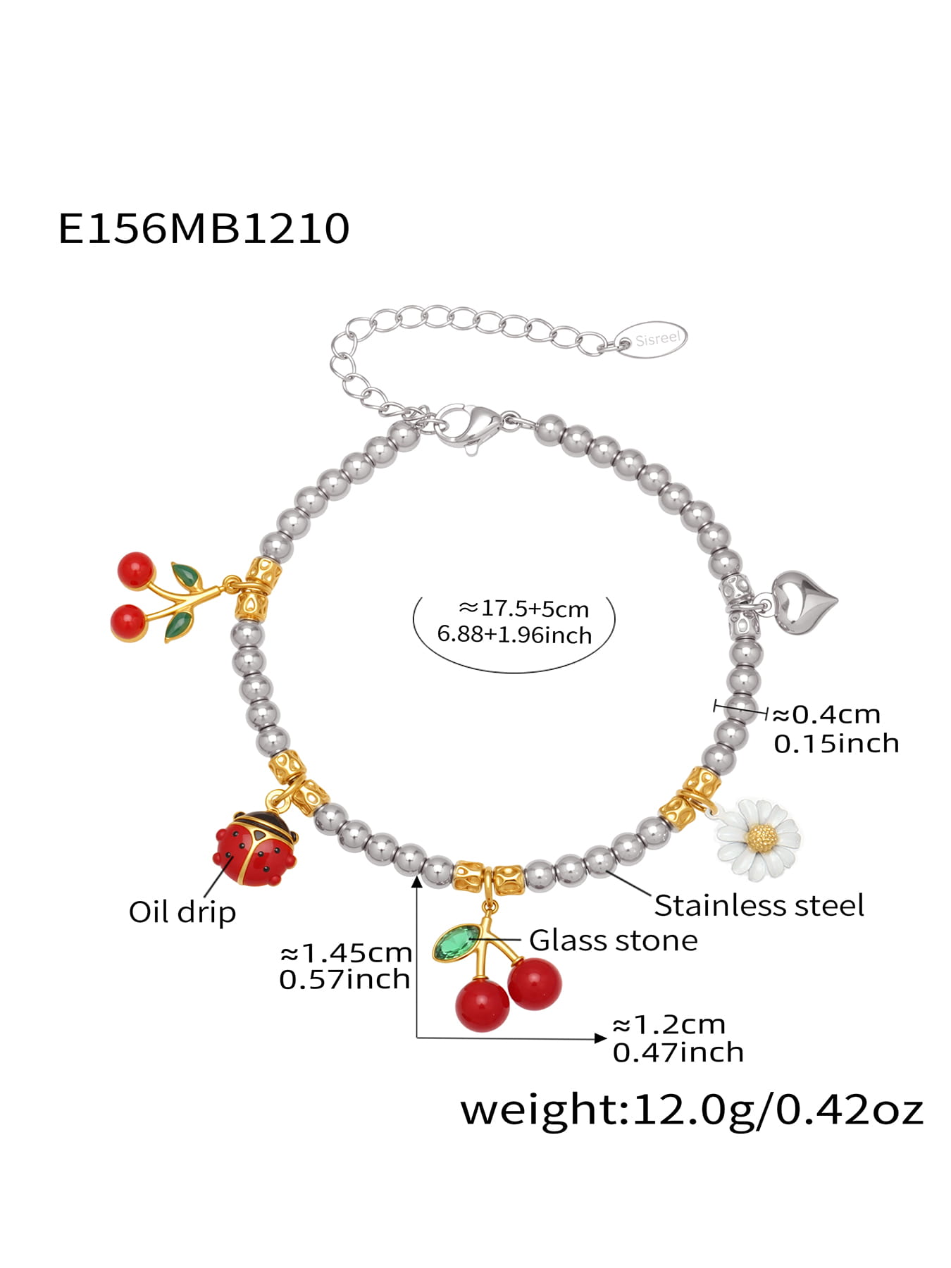316L stainless steel cherry daisy charm bracelet size and weight details