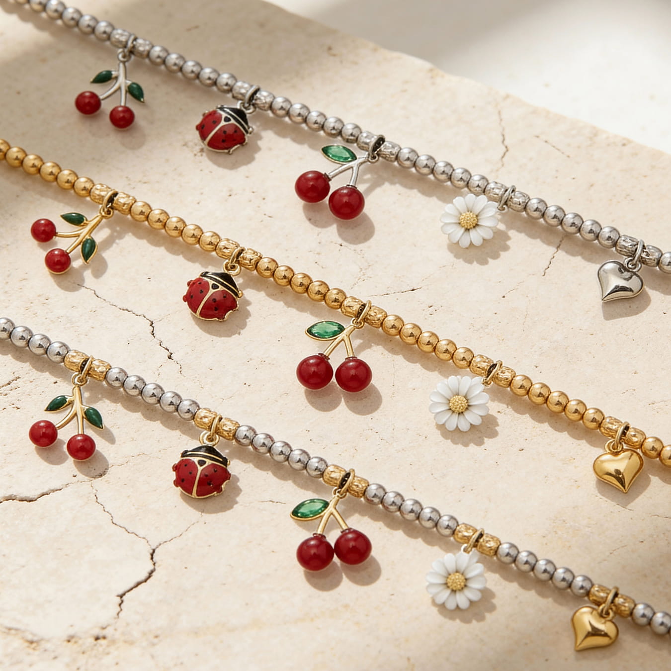 316L stainless steel cherry daisy charm bracelet set gold silver and two tone