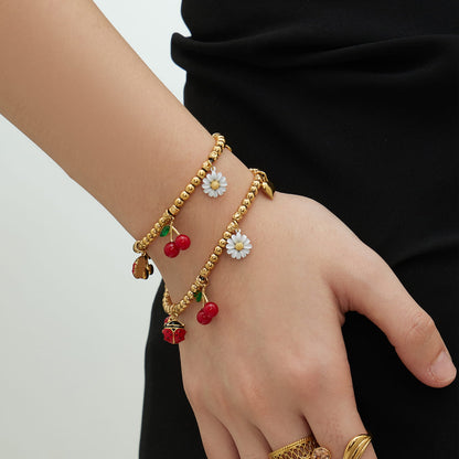 316L stainless steel cherry daisy charm bracelet detail beads enamel charms