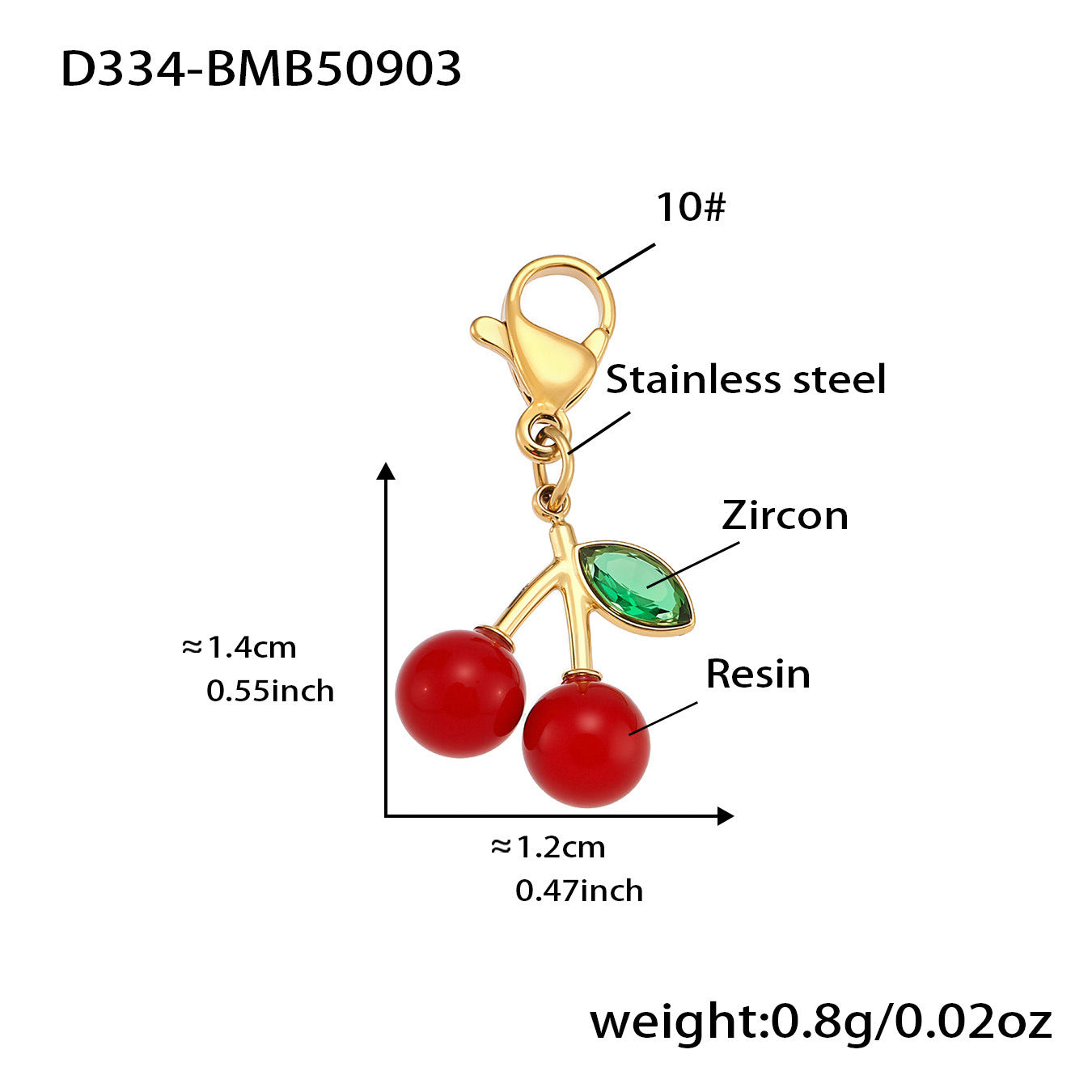 Technical drawing for the 316L stainless steel cherry charm, showing dimensions and weight for wholesale buyers.