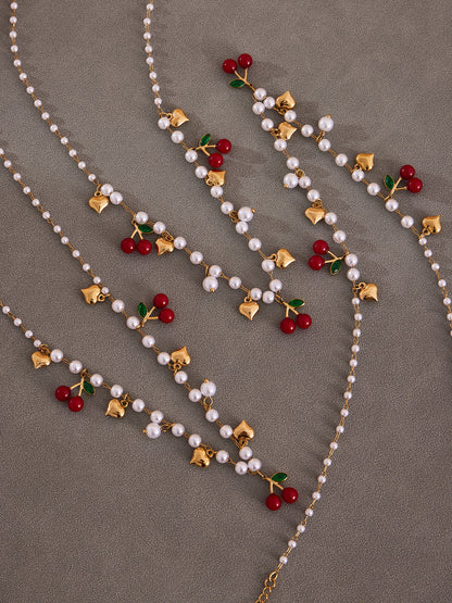 316L Stainless Steel Chic Beaded Heart Cherry Pearl Jewelry Set - Image 12
