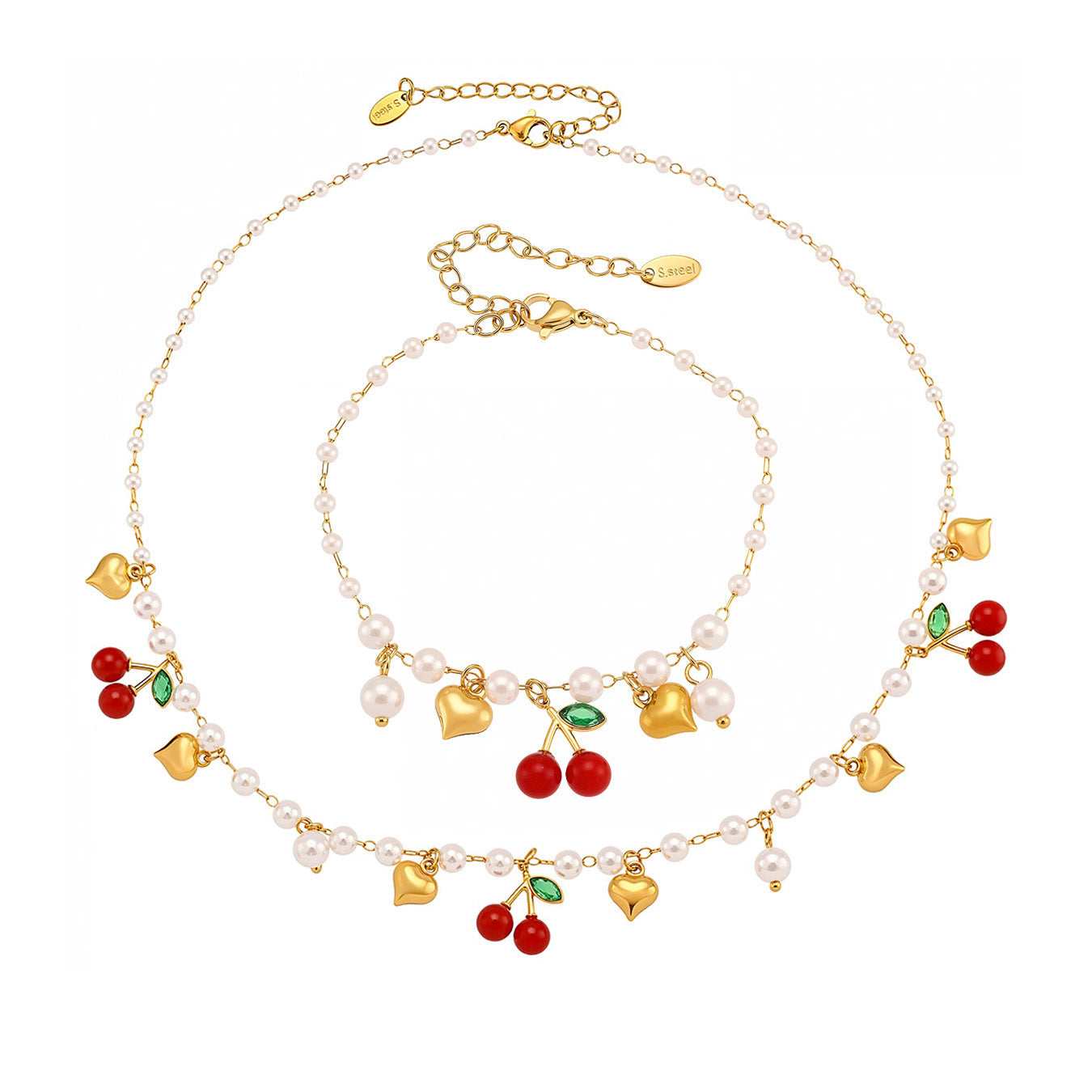 A complete 316L stainless steel jewelry set featuring a beaded necklace and bracelet with heart and cherry pendants.