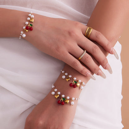 316L Stainless Steel Chic Beaded Heart Cherry Pearl Jewelry Set - Image 17