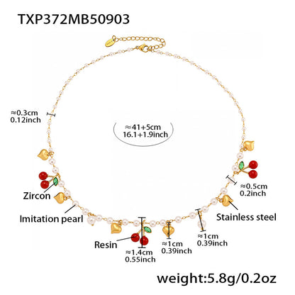 316L Stainless Steel Chic Beaded Heart Cherry Pearl Jewelry Set - Image 3