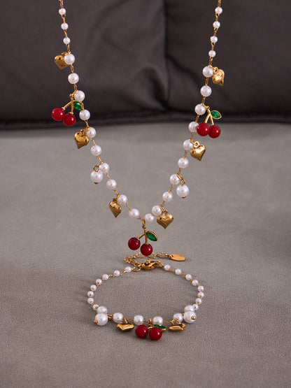 316L Stainless Steel Chic Beaded Heart Cherry Pearl Jewelry Set - Image 4