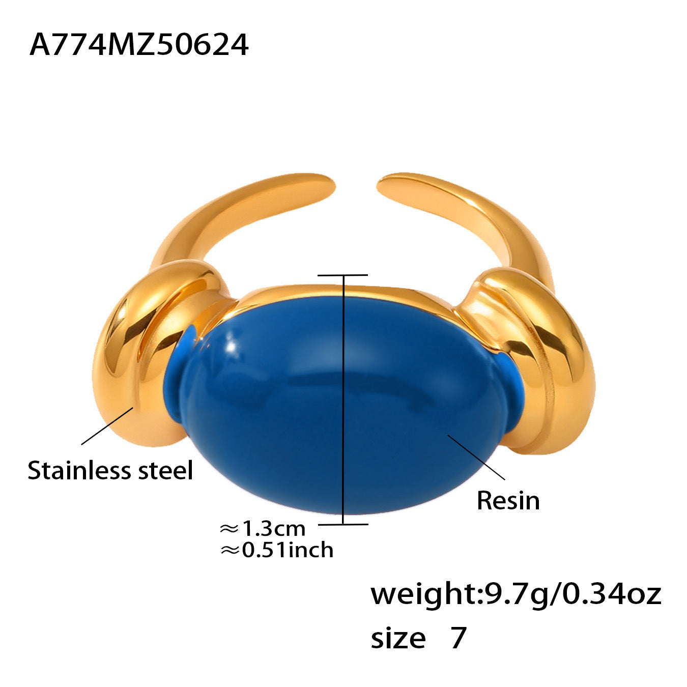 316L Stainless Steel Chic Candy Color Oval Resin Open Ring - Image 10