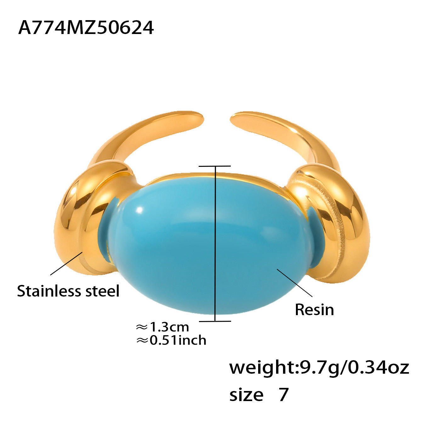 316L Stainless Steel Chic Candy Color Oval Resin Open Ring - Image 11