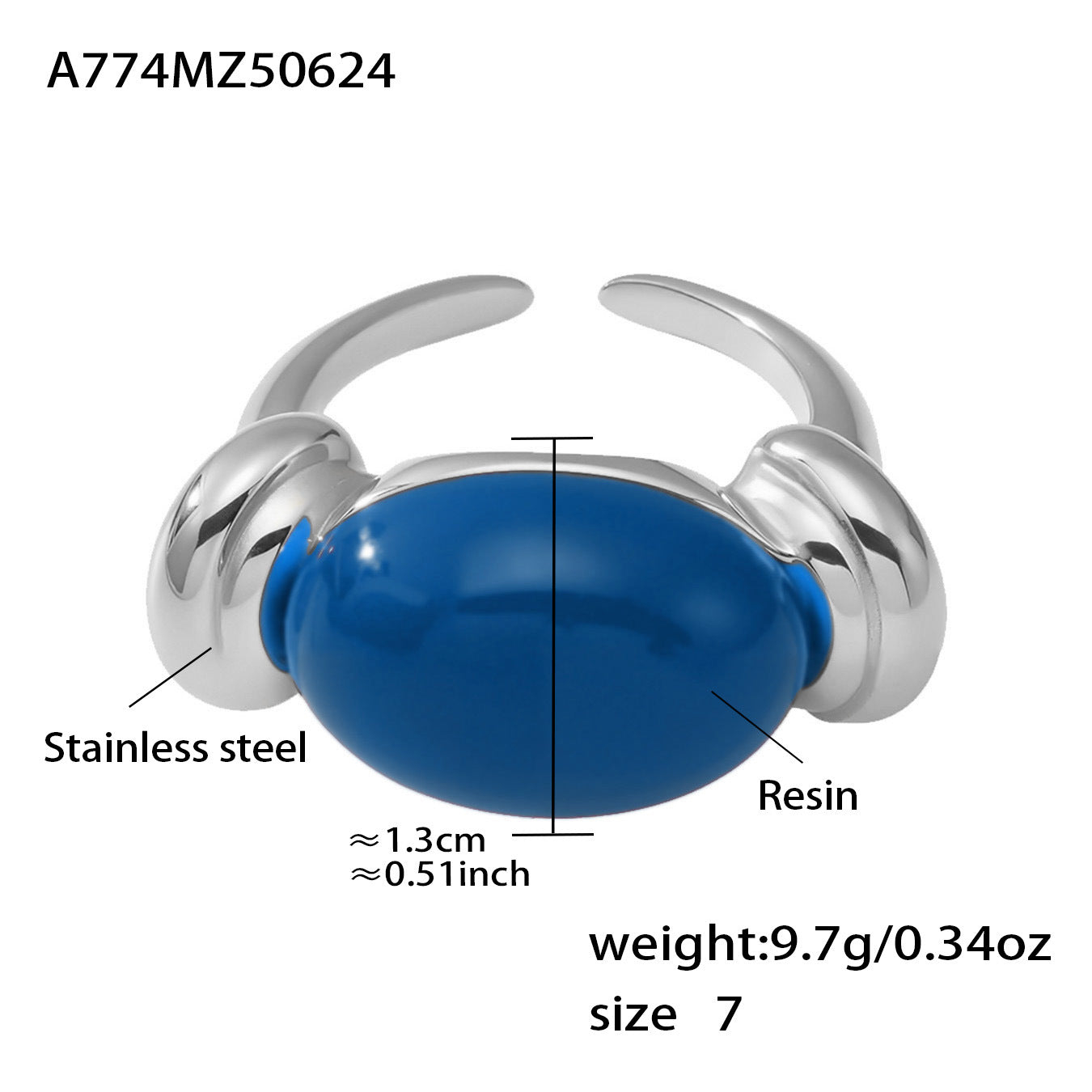 316L Stainless Steel Chic Candy Color Oval Resin Open Ring - Image 13