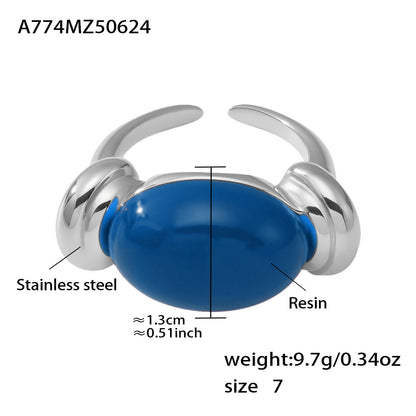 316L Stainless Steel Chic Candy Color Oval Resin Open Ring - Image 13