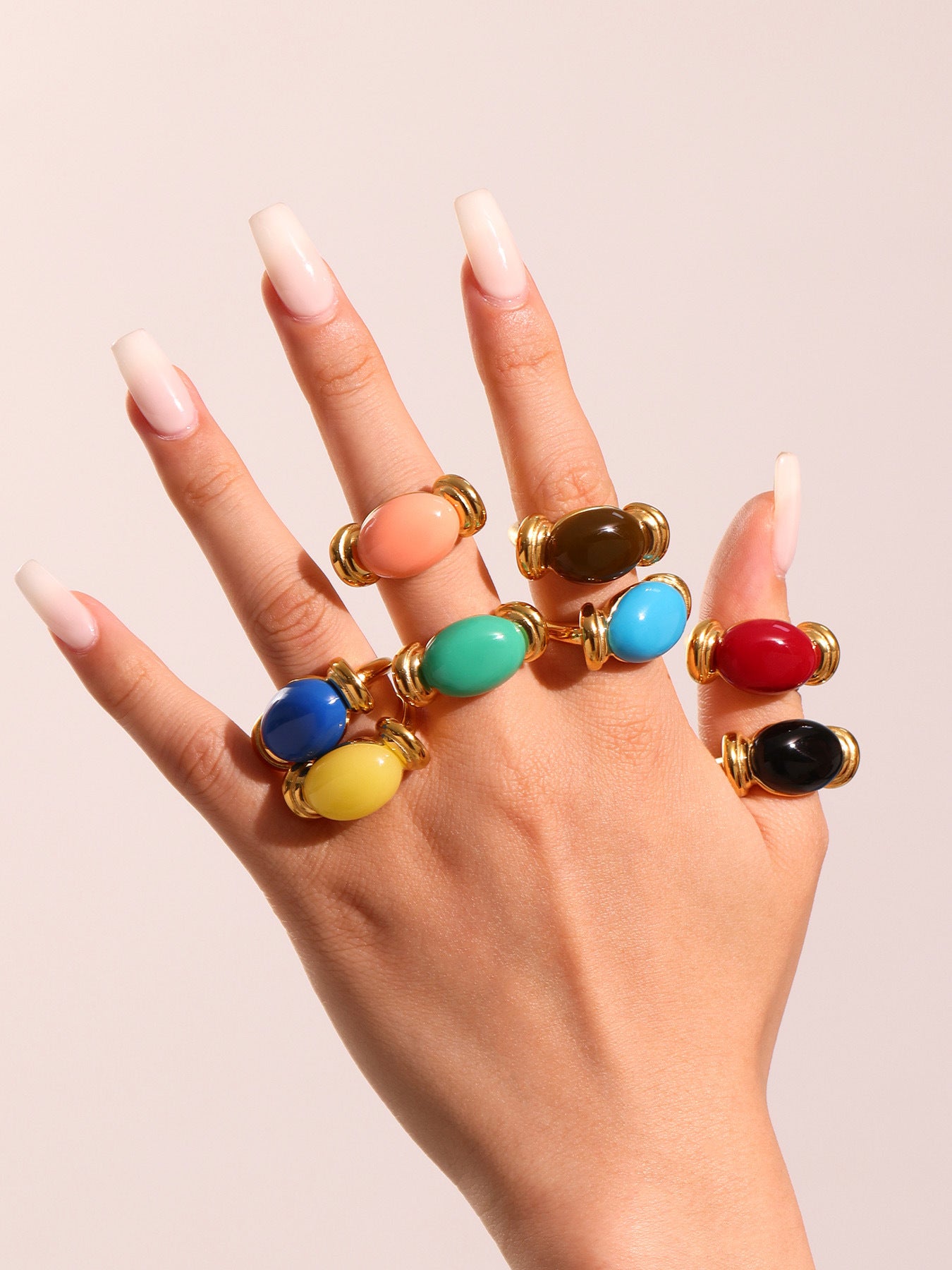 316L Stainless Steel Chic Candy Color Oval Resin Open Ring - Image 14
