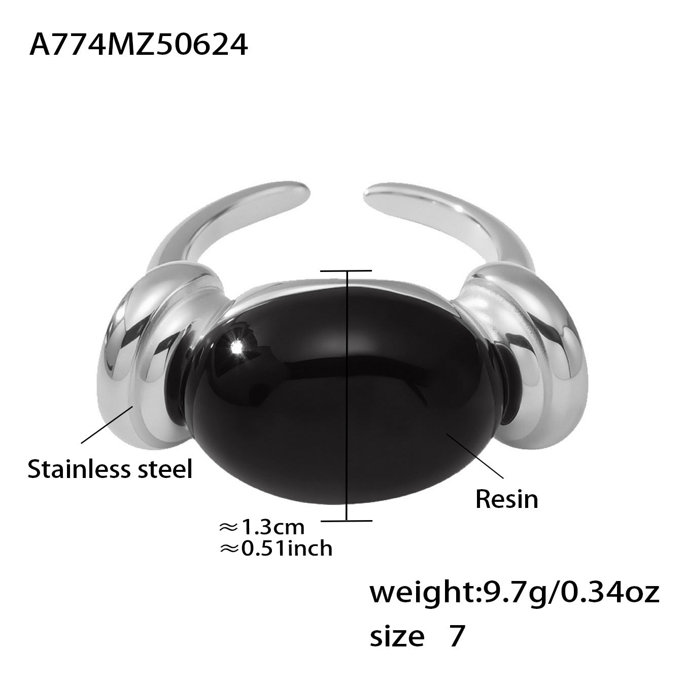 316L Stainless Steel Chic Candy Color Oval Resin Open Ring - Image 15