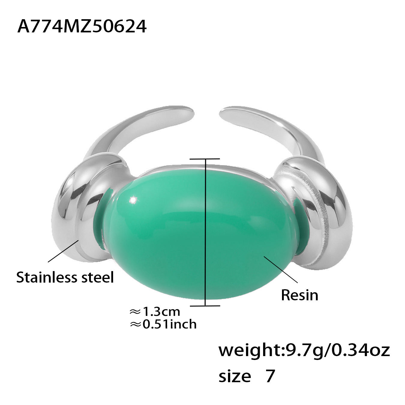316L Stainless Steel Chic Candy Color Oval Resin Open Ring - Image 18