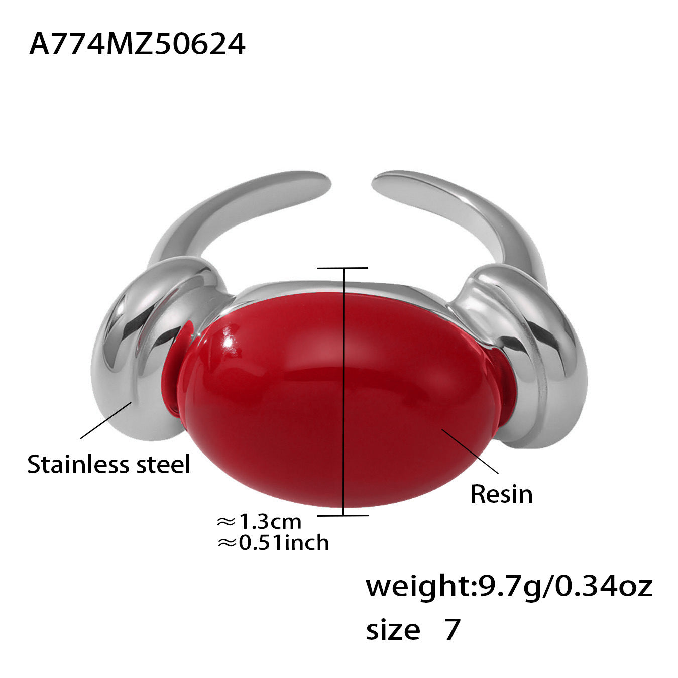 316L Stainless Steel Chic Candy Color Oval Resin Open Ring - Image 19
