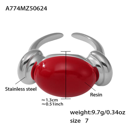 316L Stainless Steel Chic Candy Color Oval Resin Open Ring - Image 19