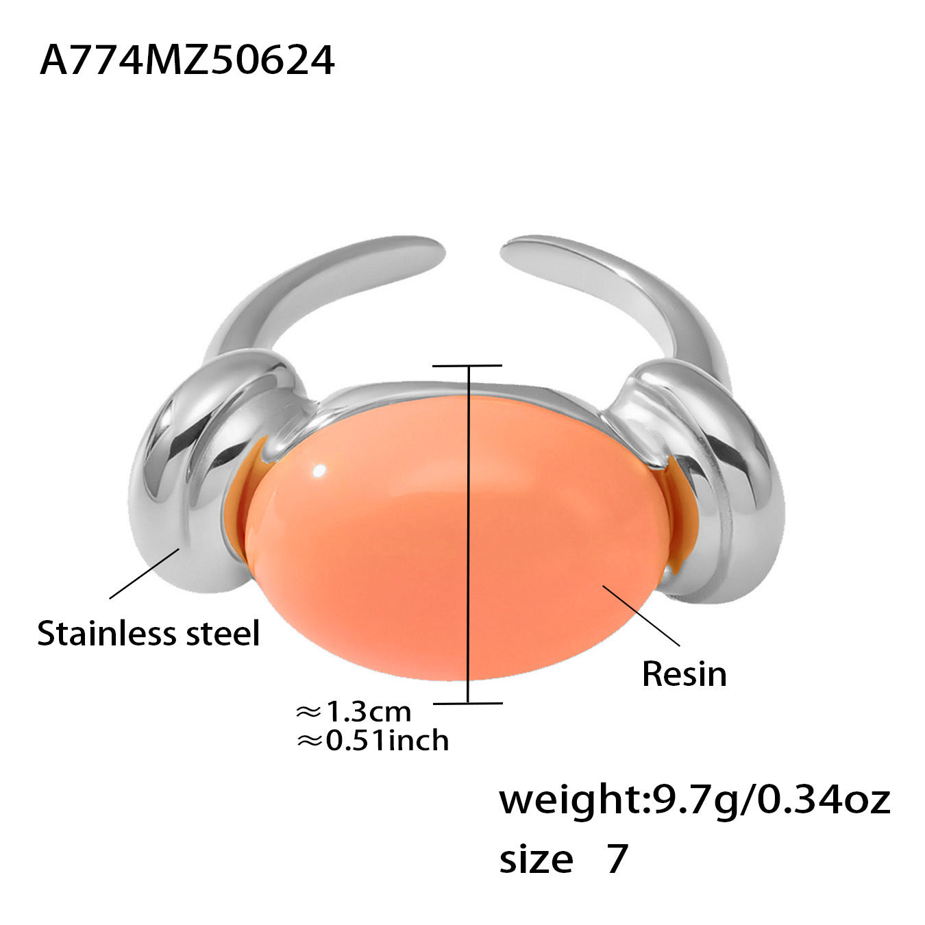 316L Stainless Steel Chic Candy Color Oval Resin Open Ring - Image 21