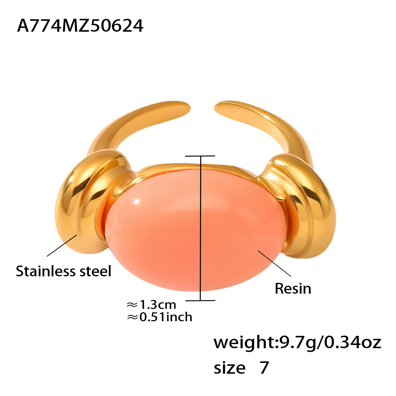 316L Stainless Steel Chic Candy Color Oval Resin Open Ring - Image 22