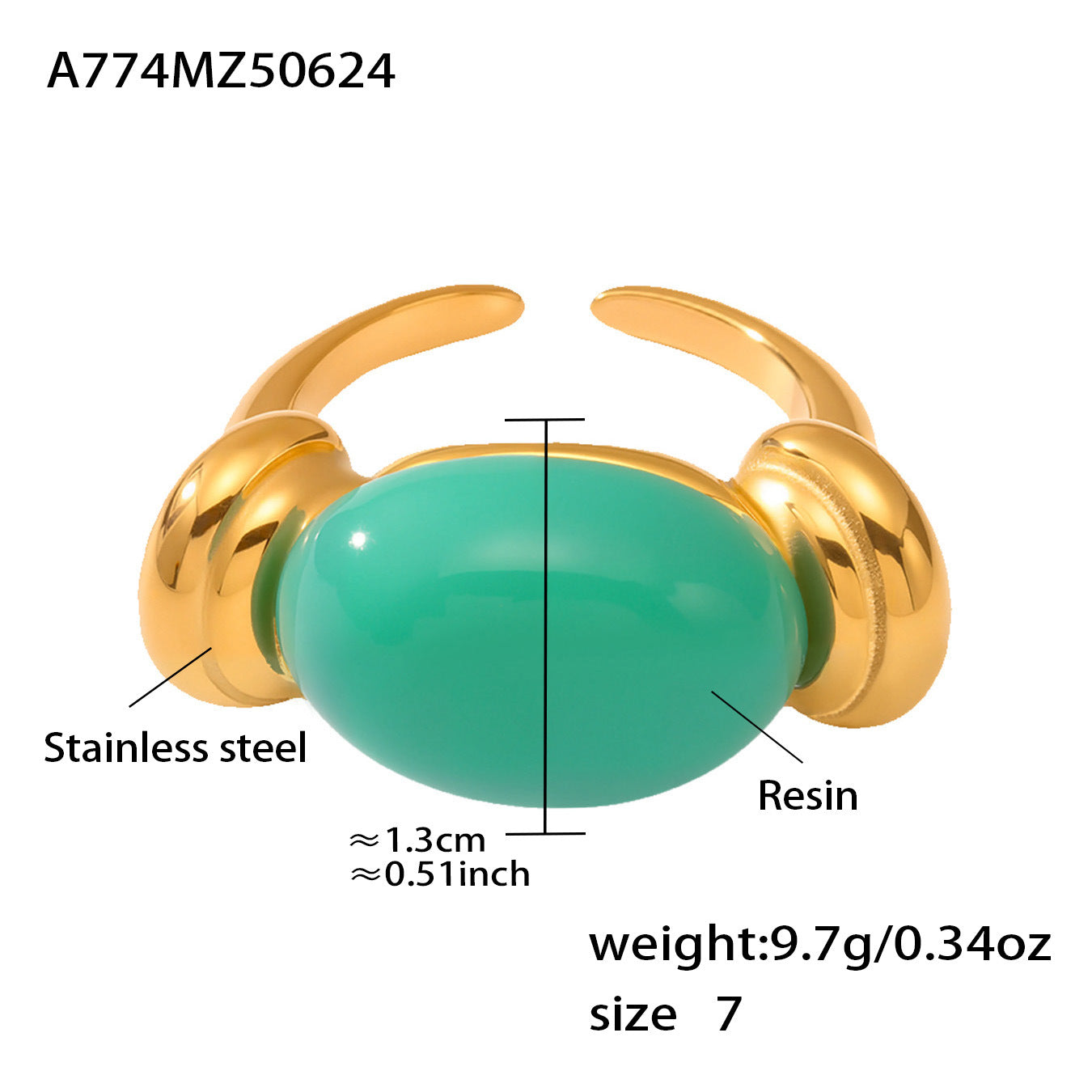 316L Stainless Steel Chic Candy Color Oval Resin Open Ring - Image 23