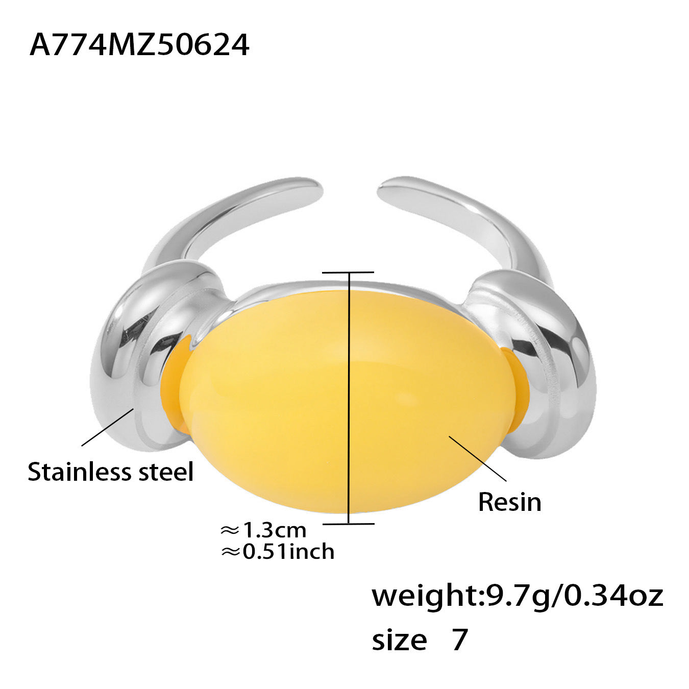 316L Stainless Steel Chic Candy Color Oval Resin Open Ring - Image 24