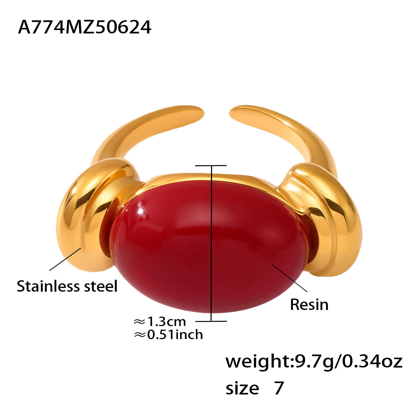 316L Stainless Steel Chic Candy Color Oval Resin Open Ring - Image 25
