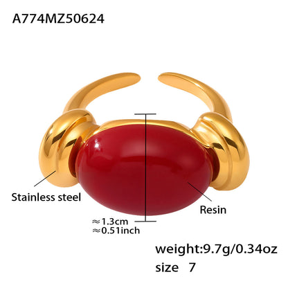 316L Stainless Steel Chic Candy Color Oval Resin Open Ring - Image 25