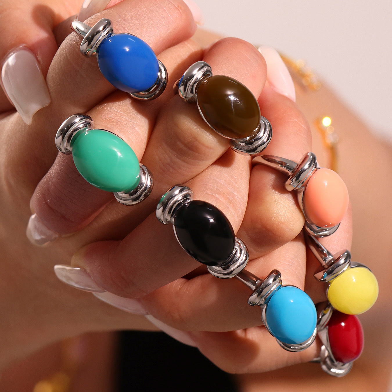 316L Stainless Steel Chic Candy Color Oval Resin Open Ring - Image 26