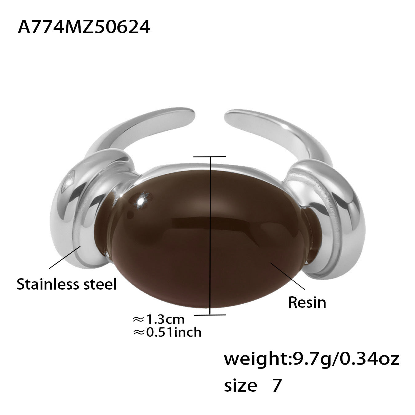 316L Stainless Steel Chic Candy Color Oval Resin Open Ring - Image 4