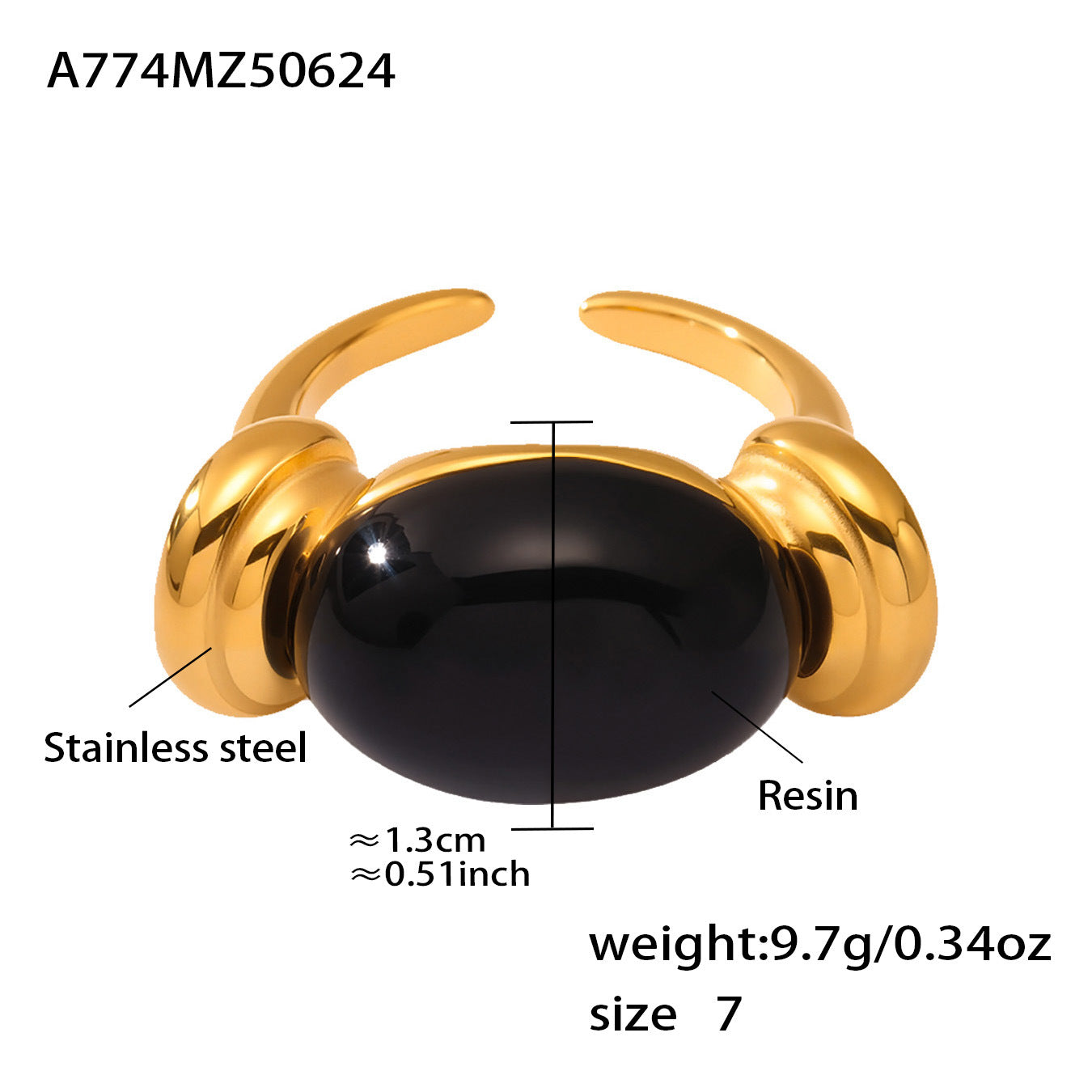316L Stainless Steel Chic Candy Color Oval Resin Open Ring - Image 8