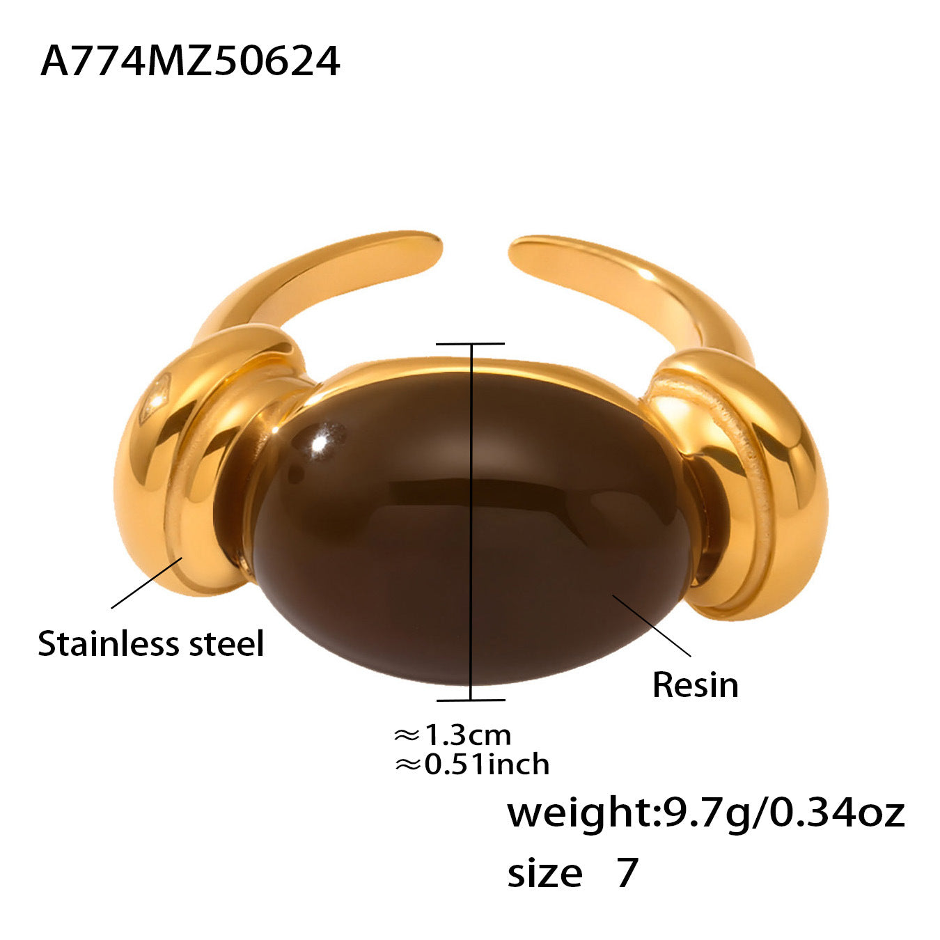 316L Stainless Steel Chic Candy Color Oval Resin Open Ring - Image 9
