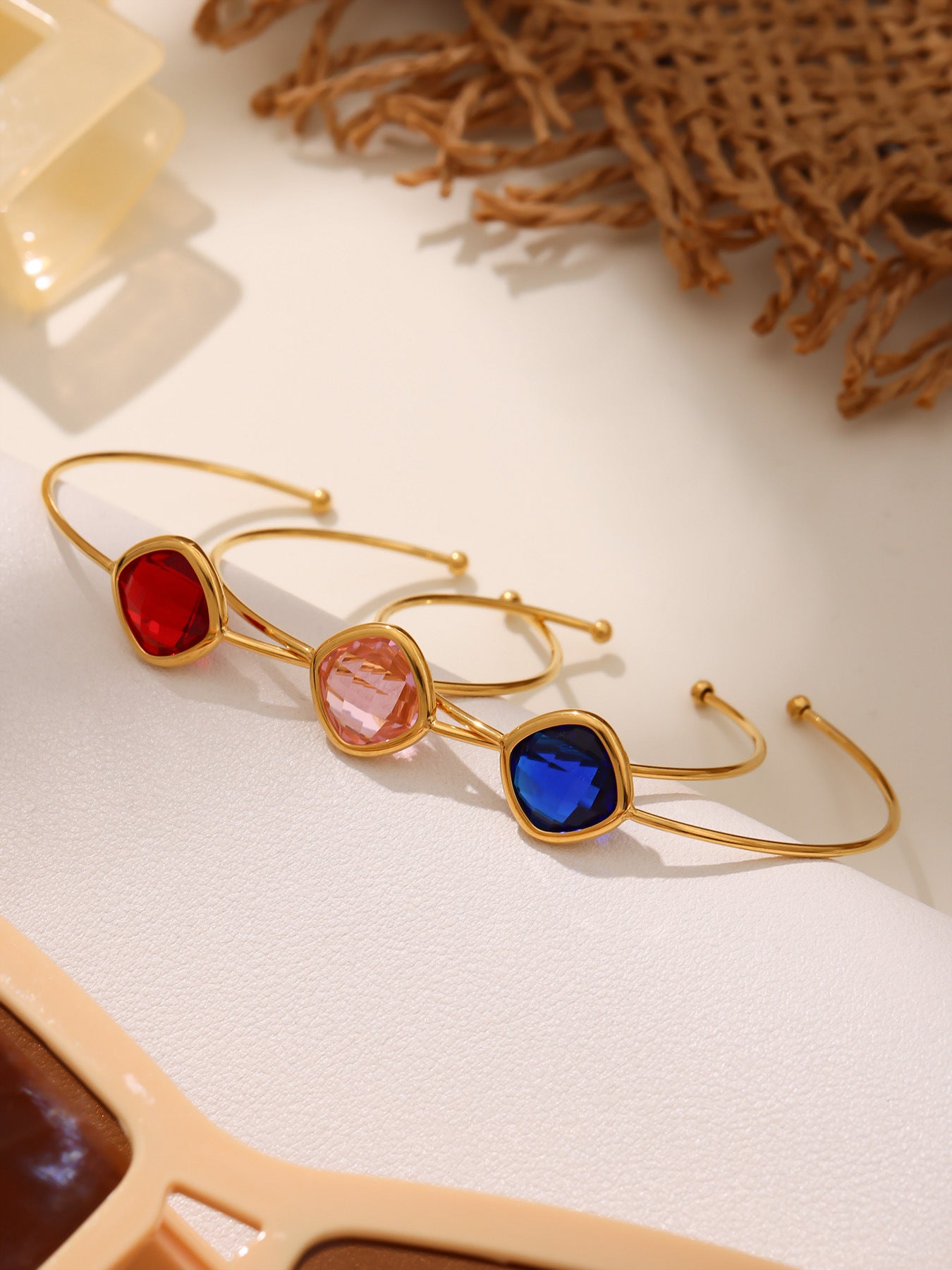 316L Stainless Steel Chic Faceted Gemstone Open Cuff Bracelet - Image 10