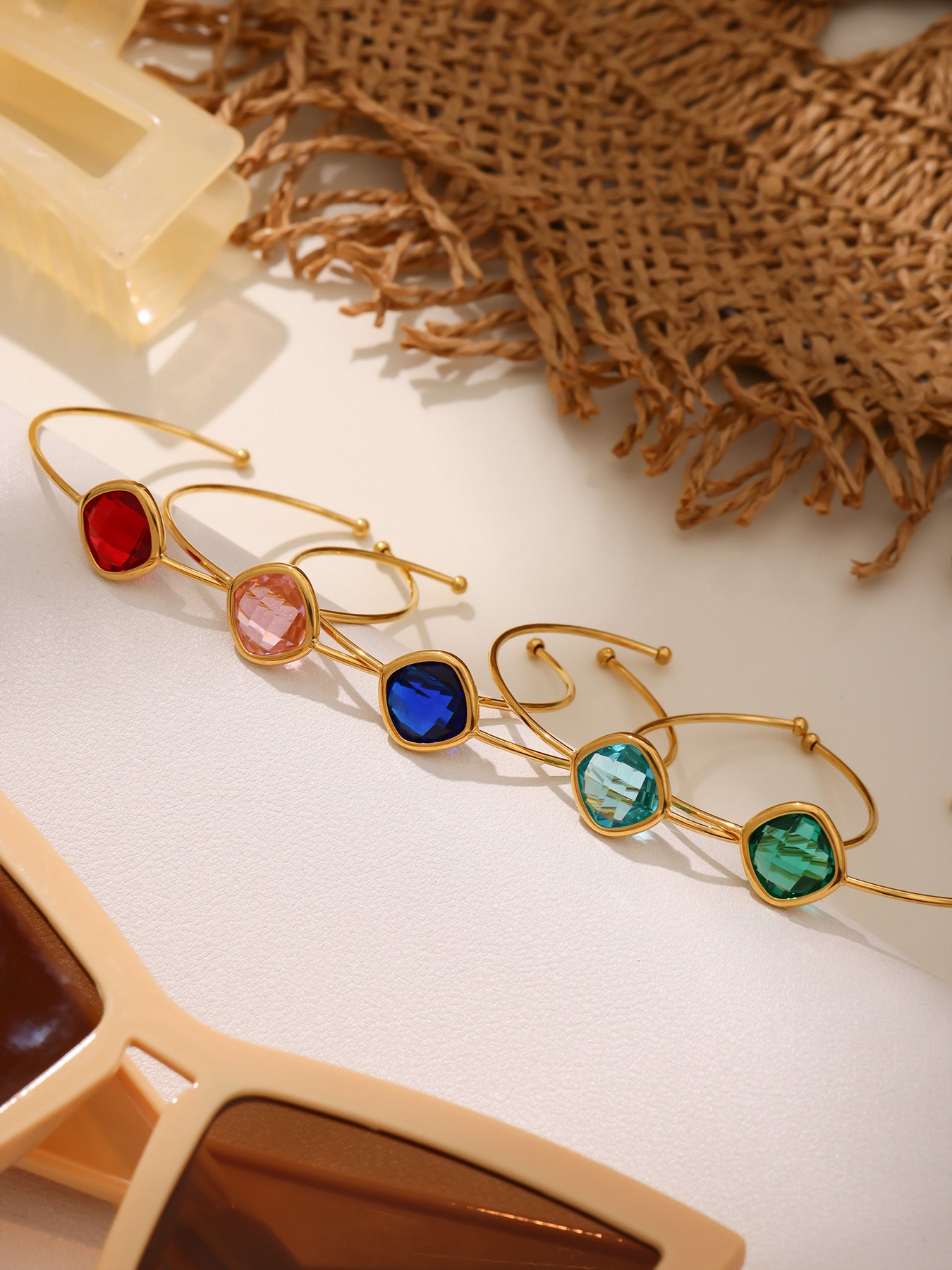 316L Stainless Steel Chic Faceted Gemstone Open Cuff Bracelet - Image 14