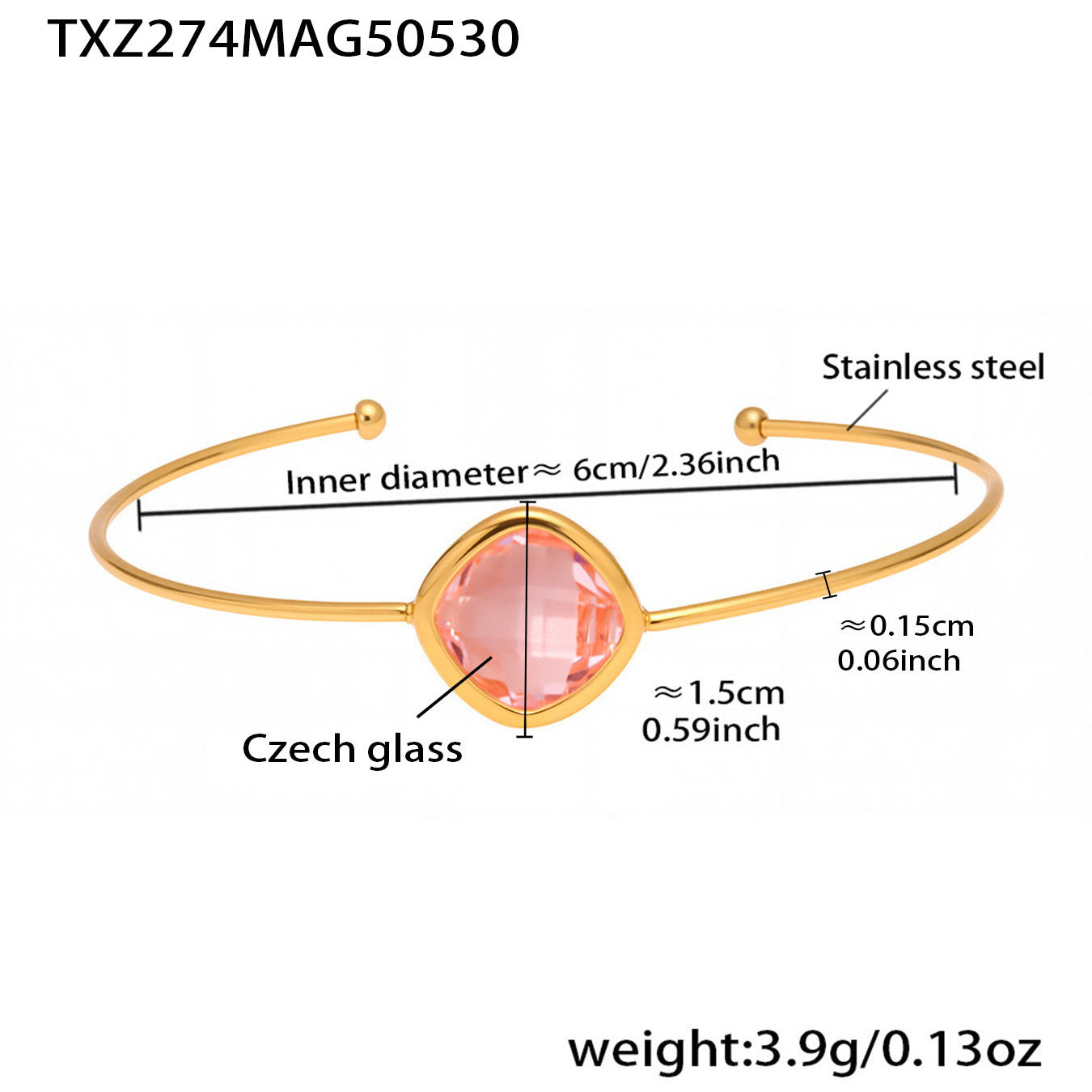 316L Stainless Steel Chic Faceted Gemstone Open Cuff Bracelet - Image 17