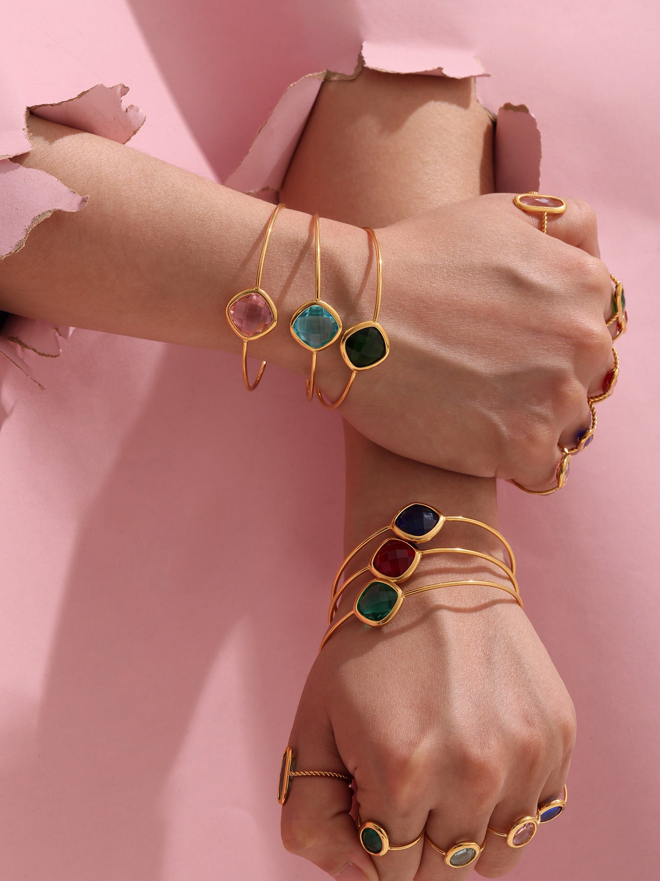 316L Stainless Steel Chic Faceted Gemstone Open Cuff Bracelet - Image 19