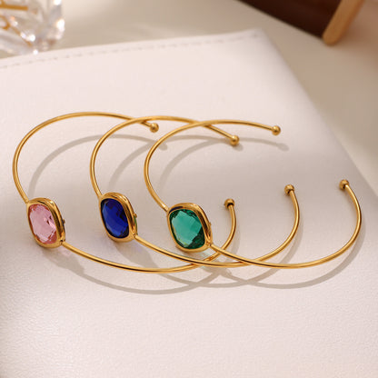 316L Stainless Steel Chic Faceted Gemstone Open Cuff Bracelet - Image 2