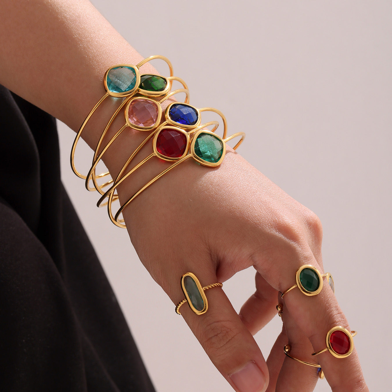 316L Stainless Steel Chic Faceted Gemstone Open Cuff Bracelet - Image 20