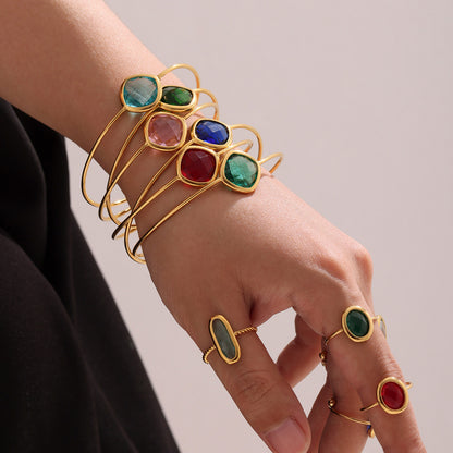 316L Stainless Steel Chic Faceted Gemstone Open Cuff Bracelet - Image 20