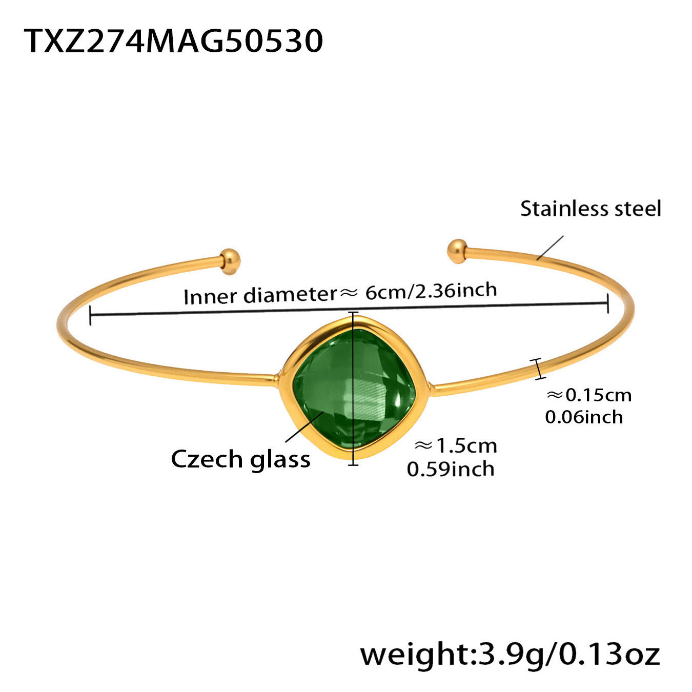 316L Stainless Steel Chic Faceted Gemstone Open Cuff Bracelet - Image 3