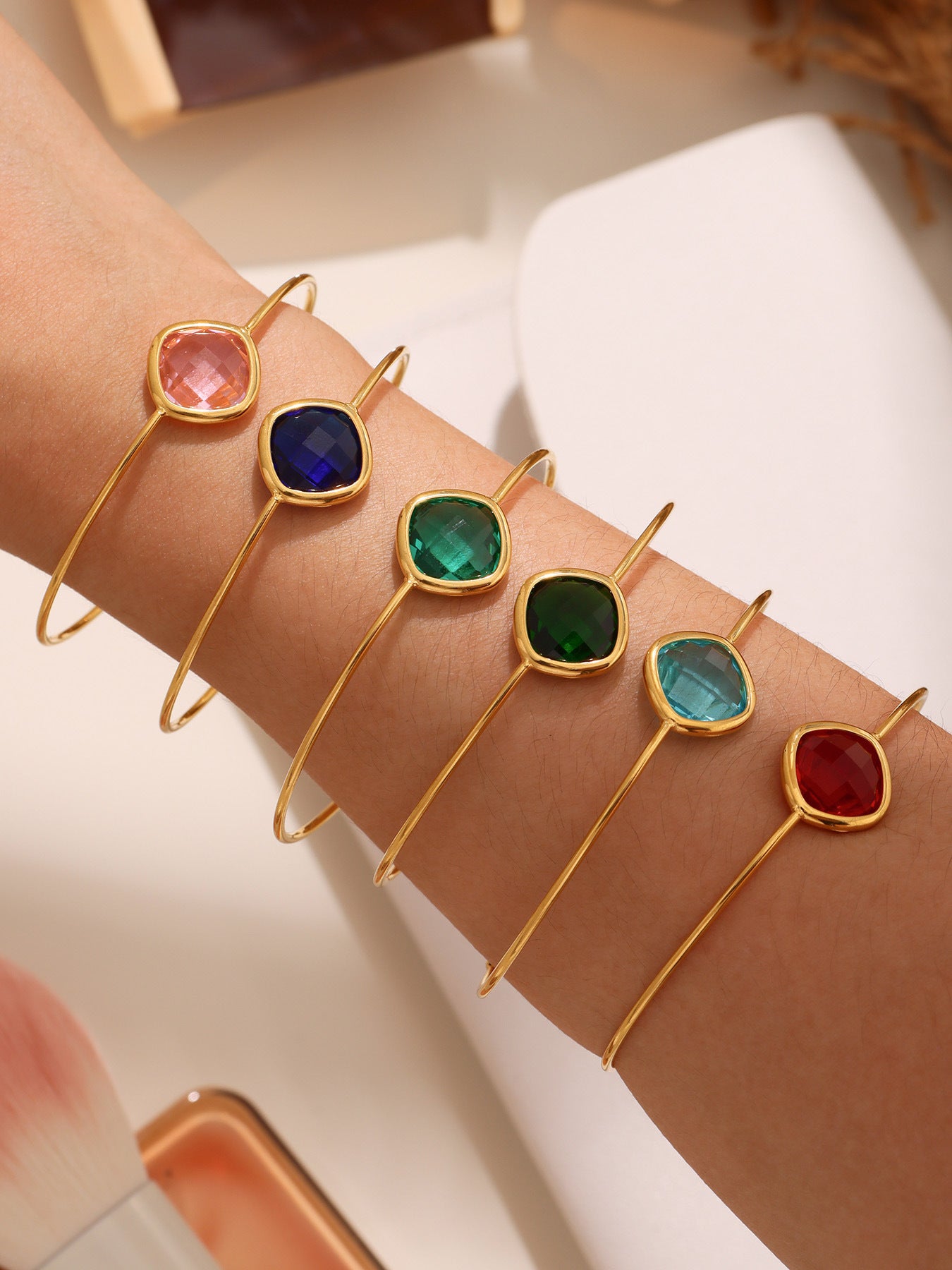 316L Stainless Steel Chic Faceted Gemstone Open Cuff Bracelet - Image 7