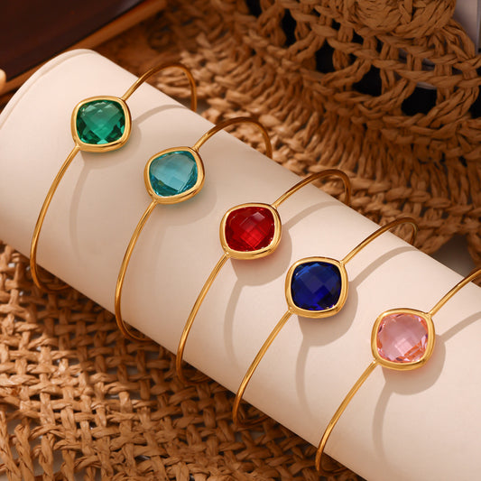 316L Stainless Steel Chic Faceted Gemstone Open Cuff Bracelet - Image 8