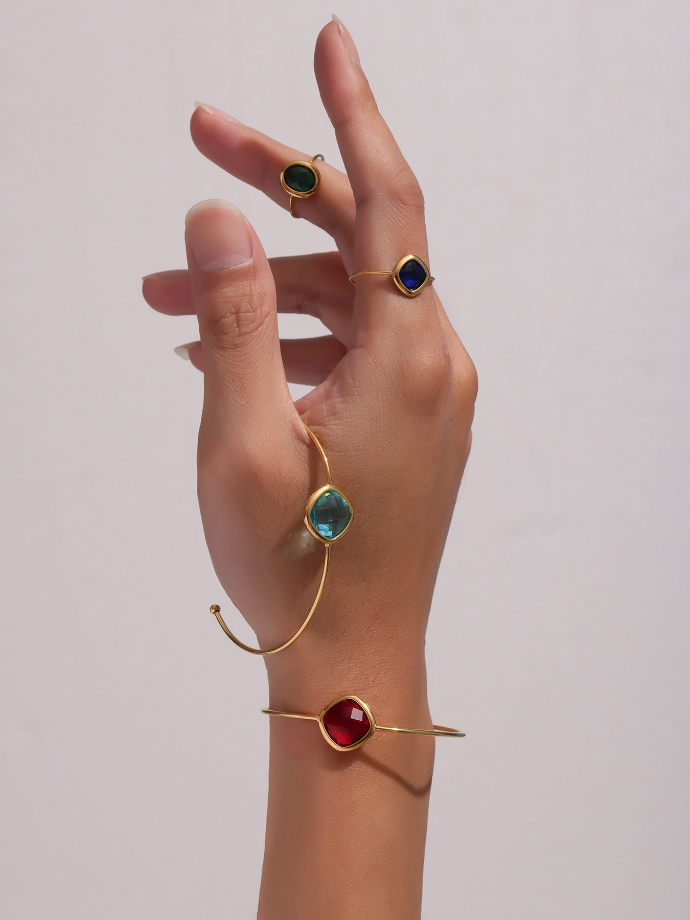 316L Stainless Steel Chic Faceted Gemstone Open Cuff Bracelet - Image 9