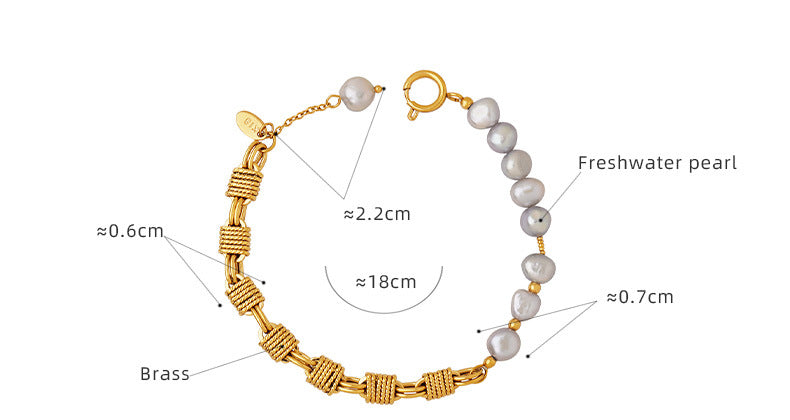 Grey freshwater pearl bracelet size card showing 18cm bracelet style with gold plated copper material