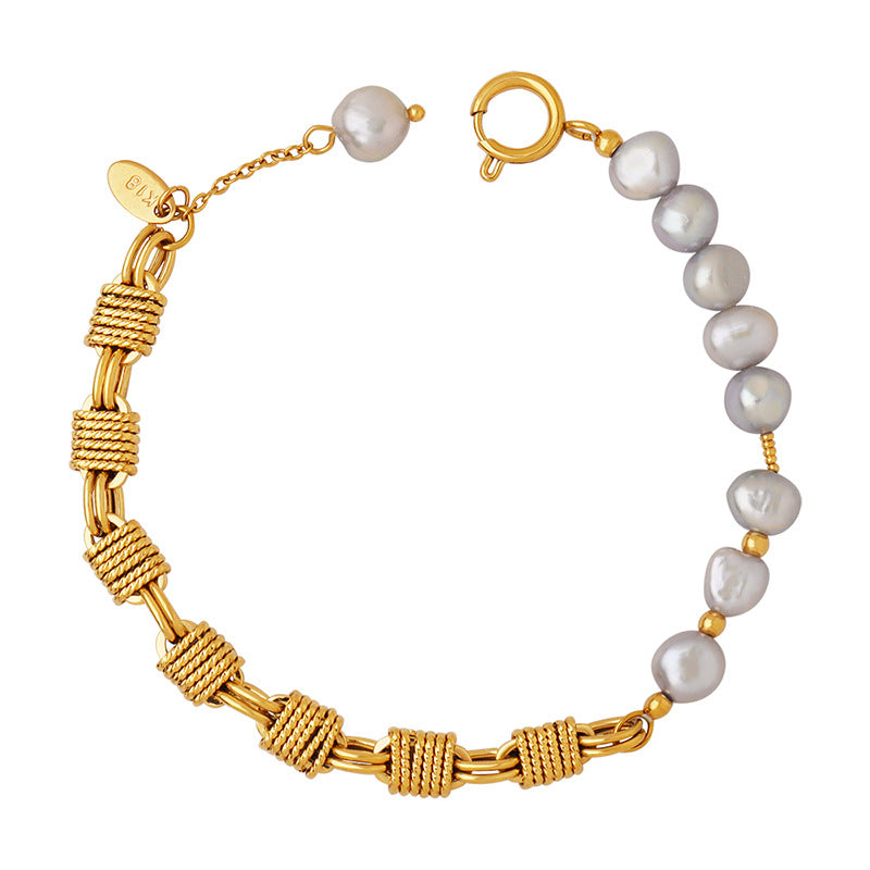 Gold plated copper grey freshwater pearl bracelet with delicate bead details for wholesale boutique jewelry buyers