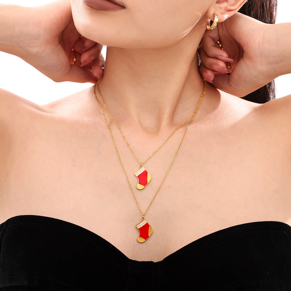 316L Stainless Steel Chic Red Enamel Christmas Stocking Pendant Necklace - Image 4