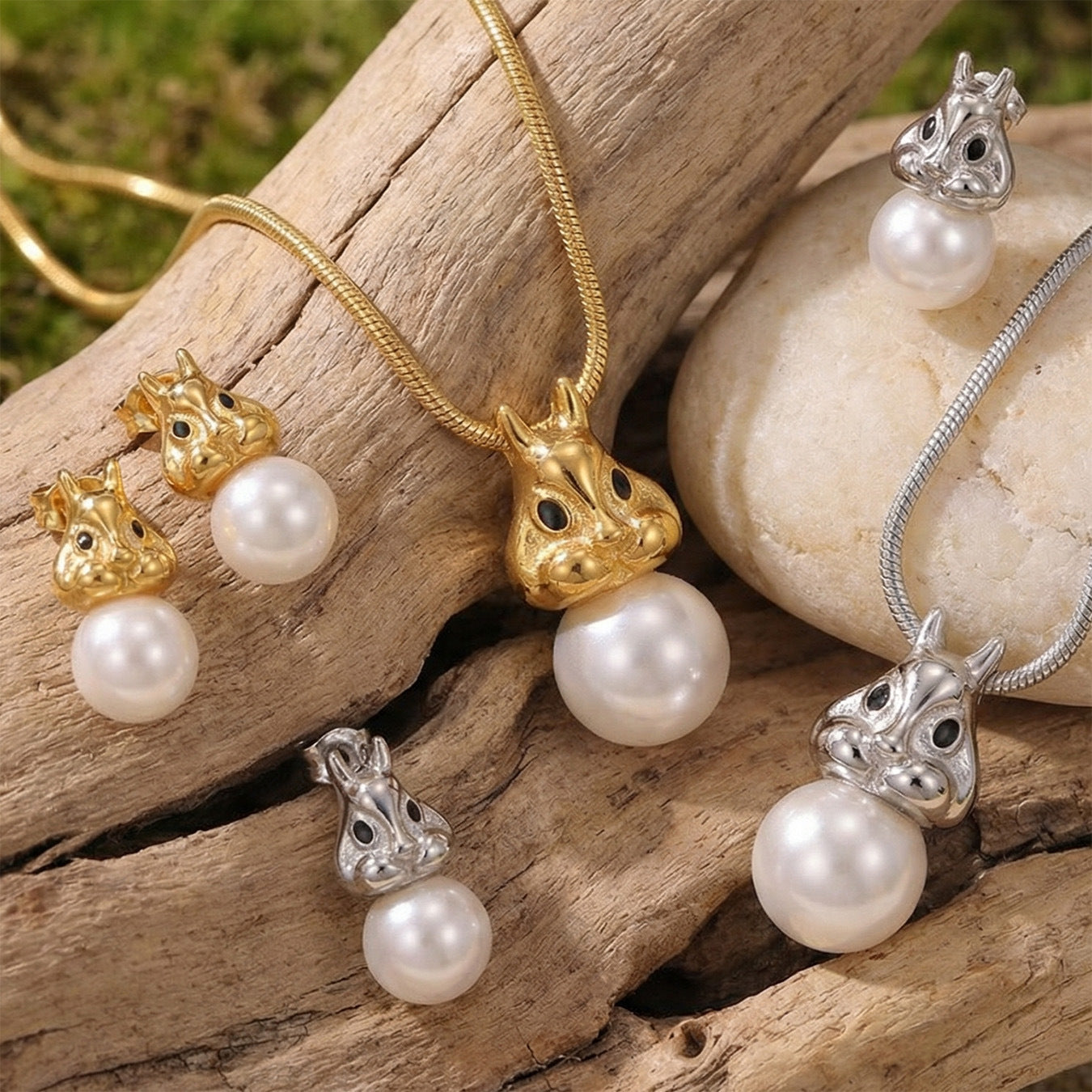 316L Stainless Steel Chic Squirrel Faux Pearl Earrings & Necklace Set - Image 7
